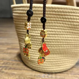 Traditional Ancient Gold Alloy Keychain Pendant Lucky Cat Wealth God Phone Bag Ornament Chinese Style Enamel Hanging Gift
