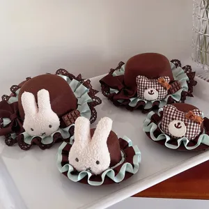 Japanese Sweet Lolita Style Mini Top Hat Hair Clip Chocolate Color Grid Bear Ribbon Bow Lace Hair Accessories For Women Party Headwear