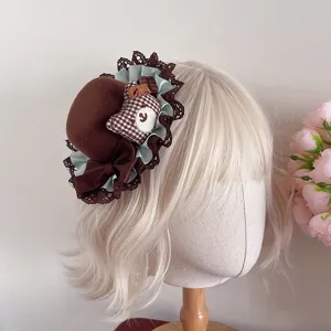 Lolita brown mini hat detail, featuring cute plaid bear and delicate lace trim for women.