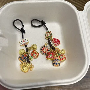 Chinese style lucky cat keychain god of wealth metal charm New Year mobile phone pendant