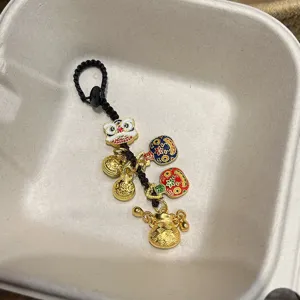 Chinese style lucky charm keychain golden enamel lion dance bag pendant auspicious accessory