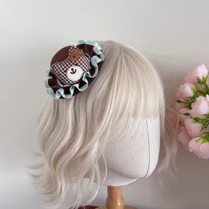 Lolita brown plaid bear mini hat headdress cute Japanese style hair accessory for women
