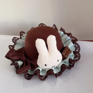 Japanese Lolita brown mini hat headwear with cute plush rabbit and lace bow accessories.