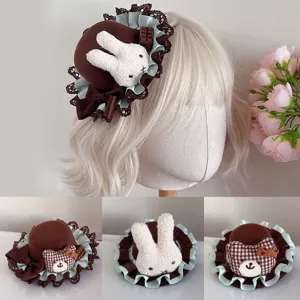 Sweet Lolita chocolate brown mini hat headband with cute plush rabbit and lace details.