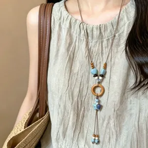 Boho ethnic long ceramic necklace with wooden ring and beads for women summer beach vacation