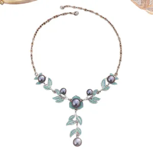 Exquisita collar de gota de perlas y hojas de cristal para mujer elegante joya de boda