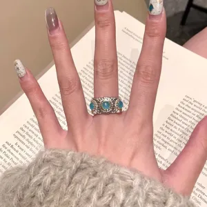Vintage gebürsteter Gänseblümchen Ring mit blauen Steinen verstellbarer Damenschmuck