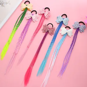 Kids Multicolor Glitter Bowknot Synthetic Hair Ties Girls Gradient Braided Ponytail Extension Princess Hair Accessories Hair Bands