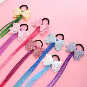 Colorful glitter bow hair ties with braided synthetic hair extensions for cute children daily wear.