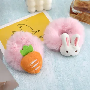 Cute plush rabbit and carrot hair scrunchies set, soft fluffy design for daily sweet hair styling.