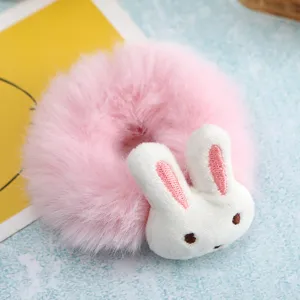Cute plush bunny hair scrunchie, soft pink furry hair tie for women and cute daily styling.