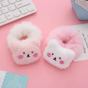 Cute plush bear hair scrunchies detail, soft furry fabric and sweet pink white style for girls.