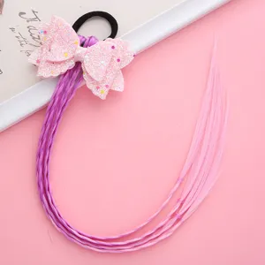 Children colorful wig hair tie with glitter bow and braided cute styling for girls.