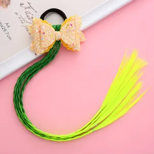 Kids colorful wig hair ring with glitter bow, gradient braided ponytail hair accessories for girls.
