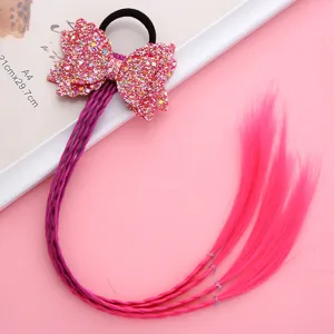 Kids colorful wig hair tie with glitter bow and braided extensions for girls hairstyle