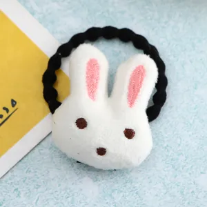 Cute plush bunny hair tie with black elastic band, detailed pink embroidered ears for girls.