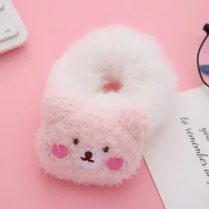 Cute plush bear hair scrunchie for sweet daily hairstyles, soft pink and white fluffy pony tail holder.