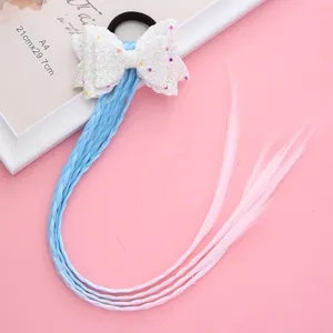 Children colorful wig braid hair tie glitter bow headband cute princess hair accessories for girls