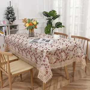 Floral embroidered lace tablecloth, elegant sheer mesh dining table cover for home decor.