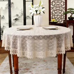 French Vintage Hollow Embroidery Round Tablecloth Elegant Lace Edge Table Cover Home Dining Room Decor