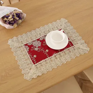 Rechthoekige kant placemat rode fluwelen tafelmat vintage geborduurde holle servies pad