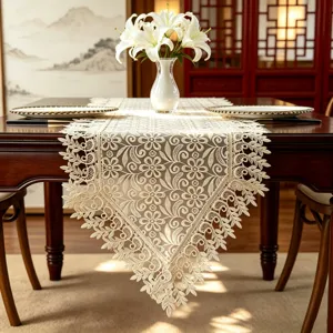 Camino de Mesa de Encaje Bordado Minimalista Moderno Mantel Beige para Decoración de Salón y Comedor