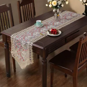 American style embroidered lace table runner for dining table and coffee table decoration details.