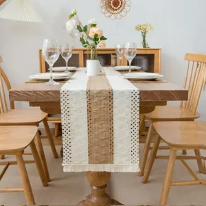 Nordic style cotton linen table runner hollow woven fringe dining table decoration