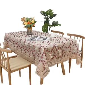 Elegant embroidered lace tablecloth for dining table, pastoral style table cover decor.