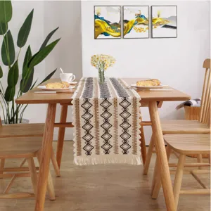 Nordic style cotton linen table runner detail scene, featuring geometric diamond texture.