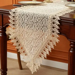 Elegante camino de mesa bordado de encaje beige para comedor, bodas y decoración de mesa de centro.
