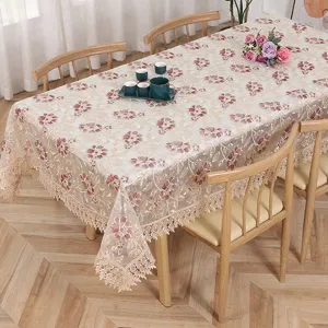 Elegante tovaglia in pizzo con ricamo floreale, copertura per tavolo da pranzo rettangolare.