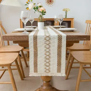 Nordic style woven table runner with hollow design and tassels for dining table decor