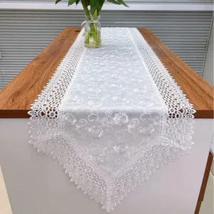 Amerikaanse Stijl Geborduurd Kant Dubbele Laag Tafelloper Wit Bloemen Tafelkleed Voor Woonkamer Eettafel Huisdecoratie