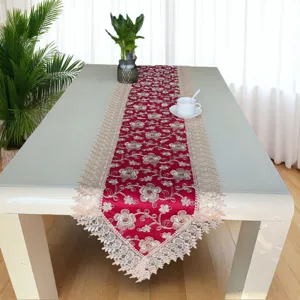 American country lace table runner with floral embroidery for dining decor and home table.