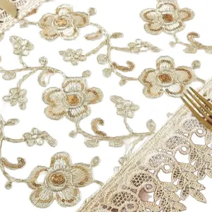 Exquisite American country lace table runner with gold embroidery and floral details for home decor.