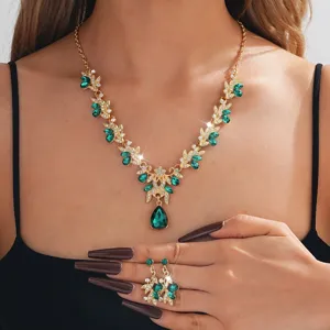 Luxus grüner Kristall Strass Halskette und Ohrringe Set für Frauen Hochzeit Party Schmuck.