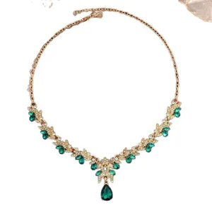 Luxus grüne Zirkon Kristall Braut Halskette vergoldet elegante Hochzeit Party Schmuck