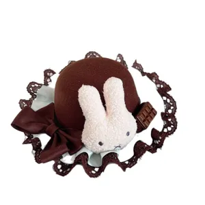 Lolita brown mini hat cute bunny plush lace bow headwear Japanese sweet style hair accessory woman