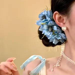 Molla per capelli fiore blu elegante accessorio capelli con perla stile vacanza chic