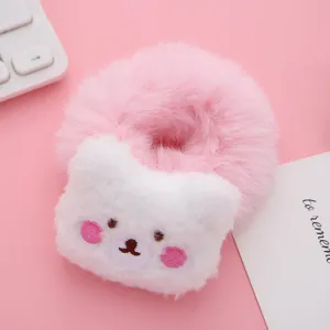 Cute 3D plush bear hair scrunchie detail view, soft pink fuzzy hair tie accessory.