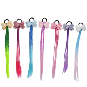 Kids colorful wig braided hair ties glitter bow hair accessories pony tail extensions