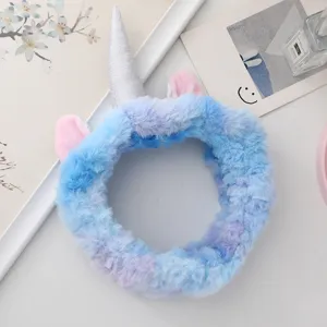 Diadema de unicornio de felpa pelo azul morado, orejas rosas banda para lavar la cara.
