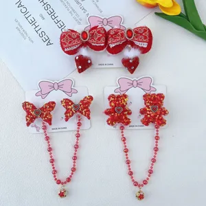 Chinese Stijl Kinderen Pailletten Strik Haarclips Kwastje Bel Rode Haarspelden Voor Nieuwjaar Festival Traditionele Jurk Haaraccessoires