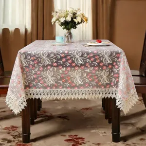 Nappe Brodée en Dentelle Style Pastoral Nappe Transparente Ajourée Rose Florale Housse de Table pour Décoration de Salle à Manger