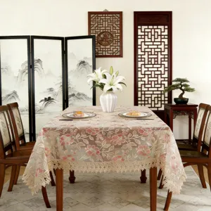 Nordic Style Polyester Tablecloth Rectangular Table Cover with Floral Embroidery and Lace Trim for Home Dining