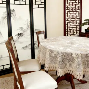 Elegant floral embroidered round lace tablecloth for dining table and coffee table decor
