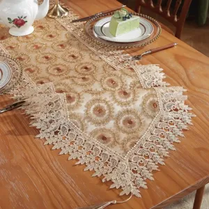 Elegant European lace table runner with hollow embroidery, perfect dining room and coffee table decor.