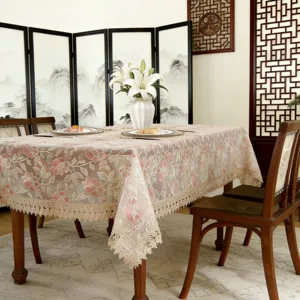 Elegant rectangular floral lace tablecloth with exquisite pink embroidery for home dining table decor.