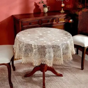 Elegant lace round tablecloth sheer fabric floral embroidery dustproof dining table cover